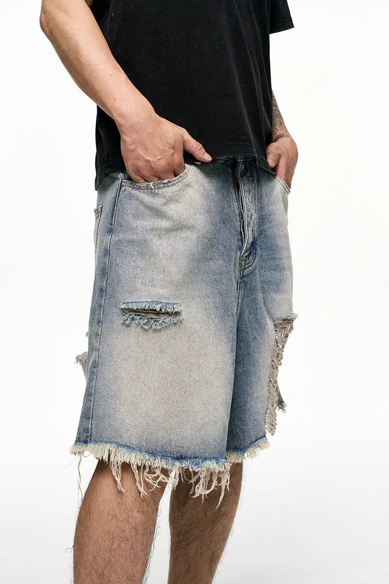 Light blue washed denim shorts for men with a baggy wide-leg vintage cut.