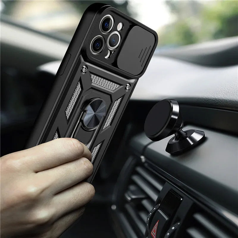 Sergeant Sliding Window magnetic iPhone case in blue, shown with the integrated bracket extended