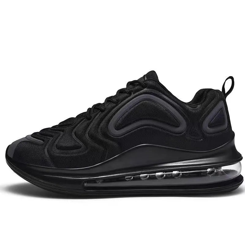 Men's black casual sneakers with lace-up front, thick sole, and round toe for running and outdoor sports.
