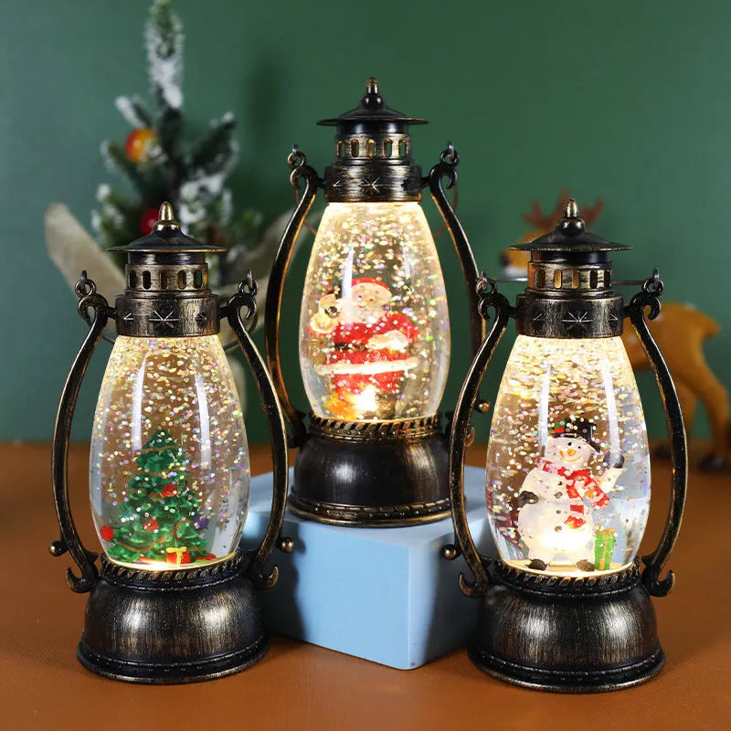 Plastic crystal ball oil lamp with LED light showing snowman and elderly figure Christmas decoration options