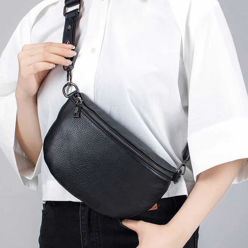 Genuine leather women's messenger bag with sewing thread detail in beige colour