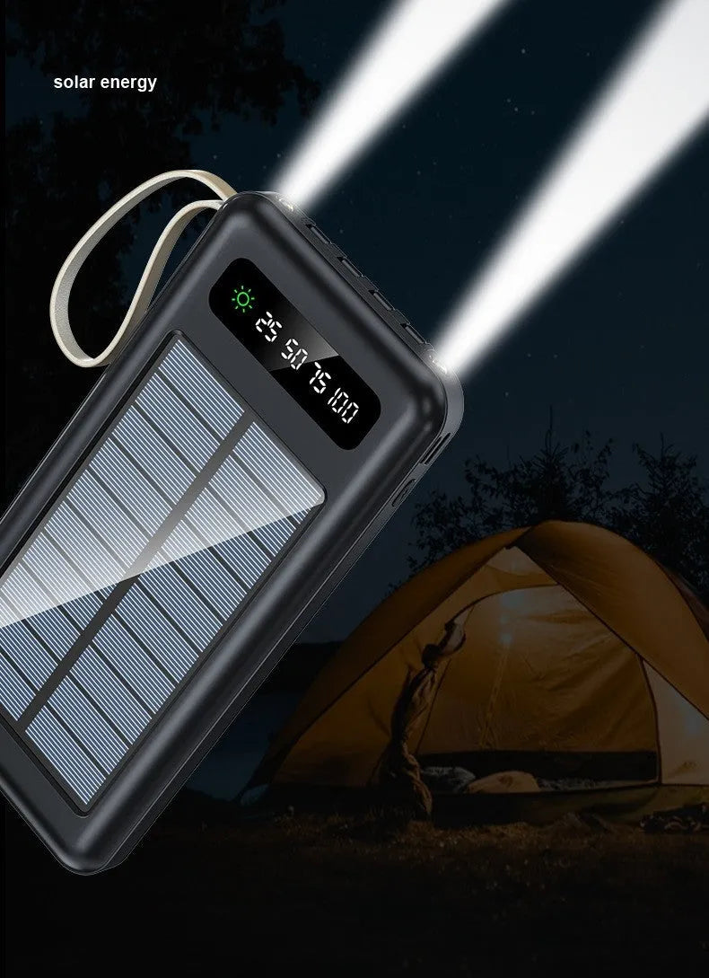Solar power bank in black or white, showing front panel with solar cells and USB ports.