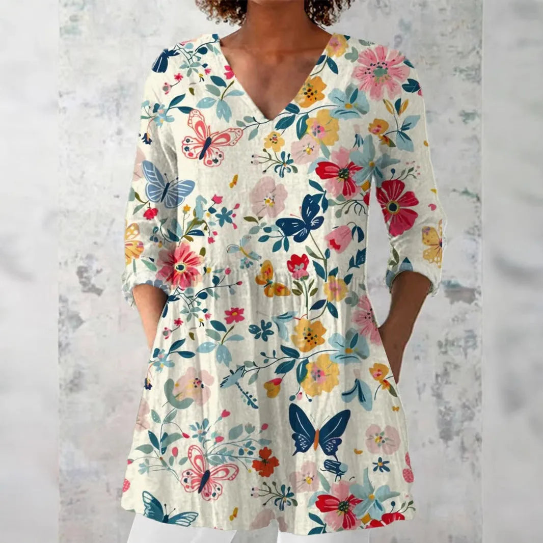 Women's slim fit long-sleeved top with a retro digital print pattern in a colour option.