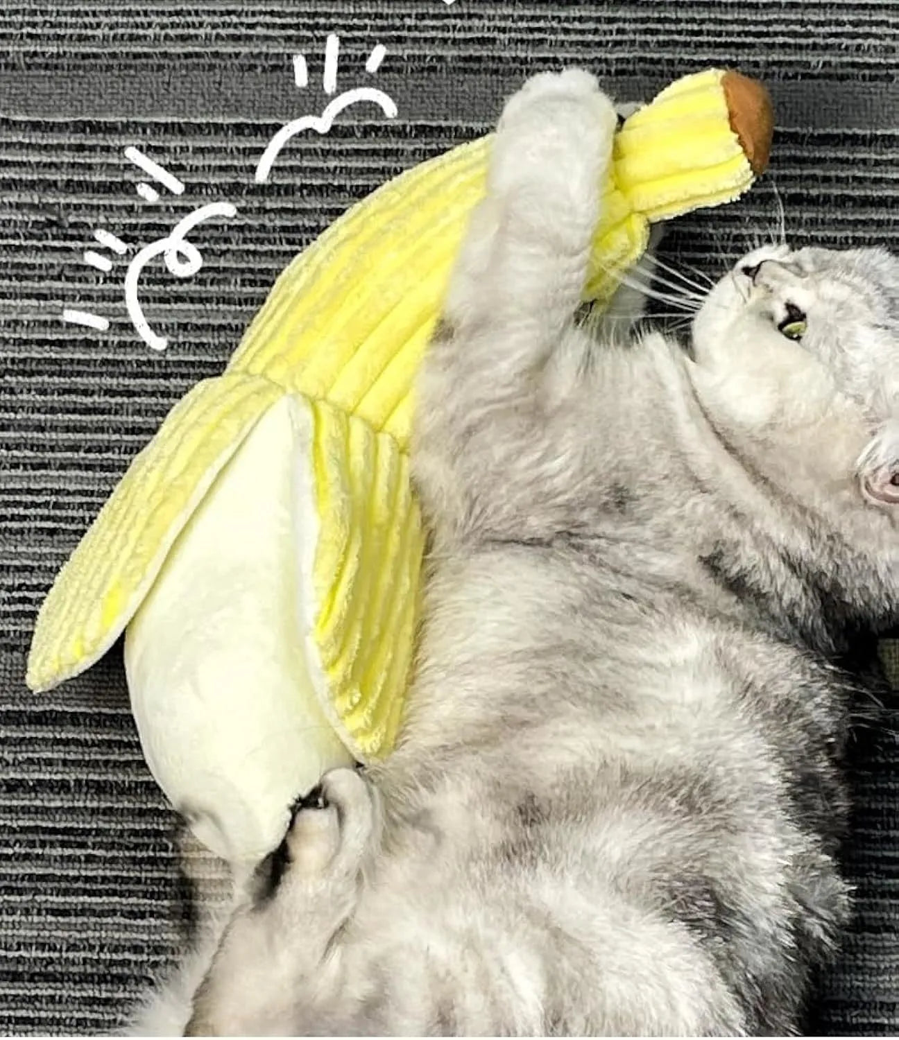 Yellow banana-shaped cat toy with soft plush fabric and crinkle paper inside