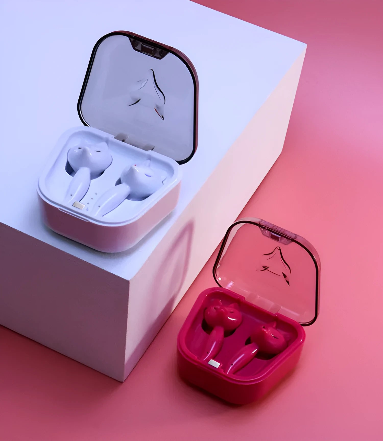 Cartoon fox Bluetooth wireless headset in red with dual earplug design and battery display