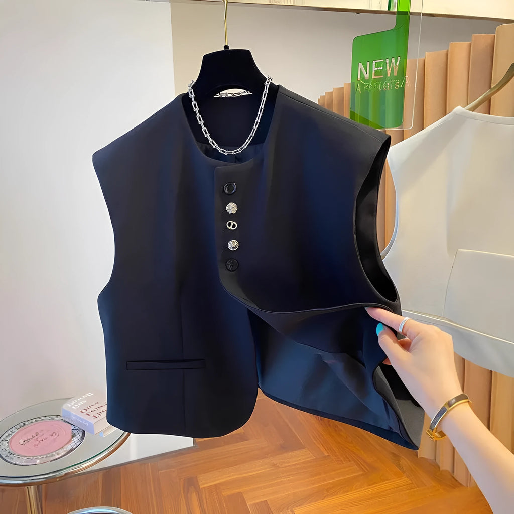 Loose-fitting bandage dress waistcoat in polyester fabric with 40cm length and pocket design
