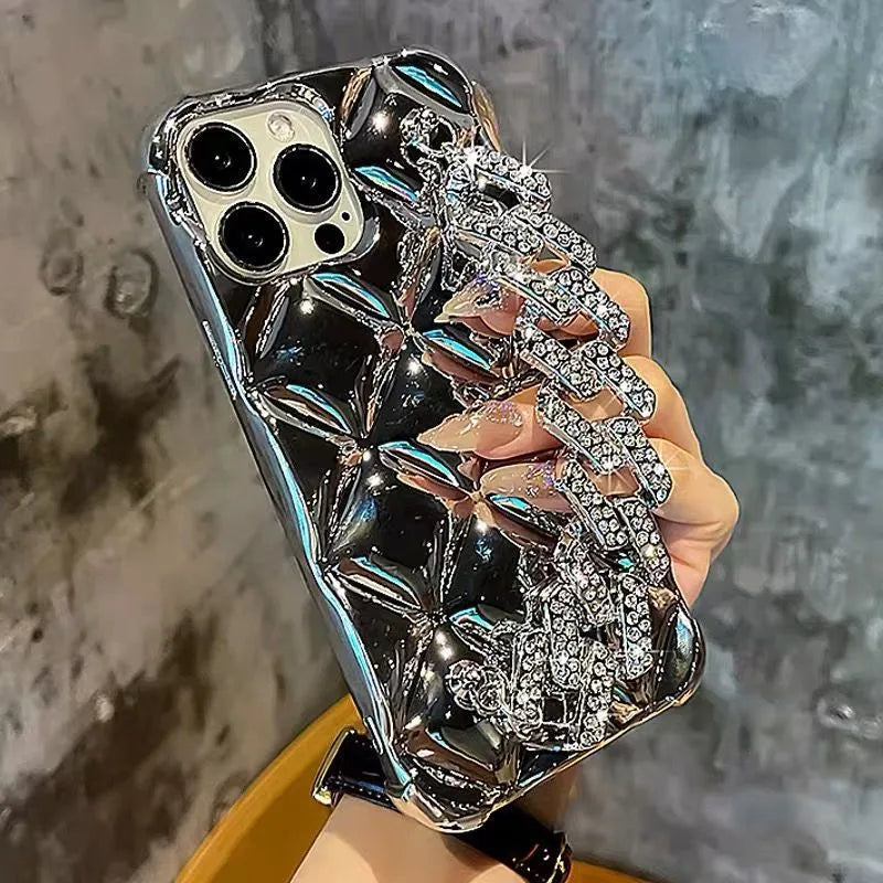 Luxury diamond bracelet phone case for iPhone with detachable chain and plated rhombus design