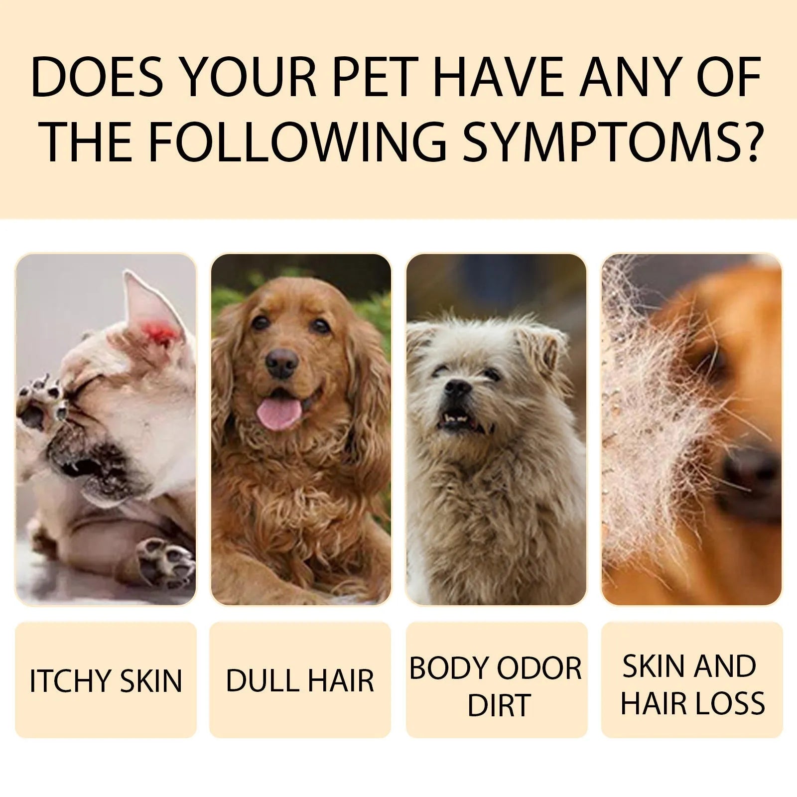 Bottle of mild pet shampoo for dogs, options for 100ml and 300ml sizes.