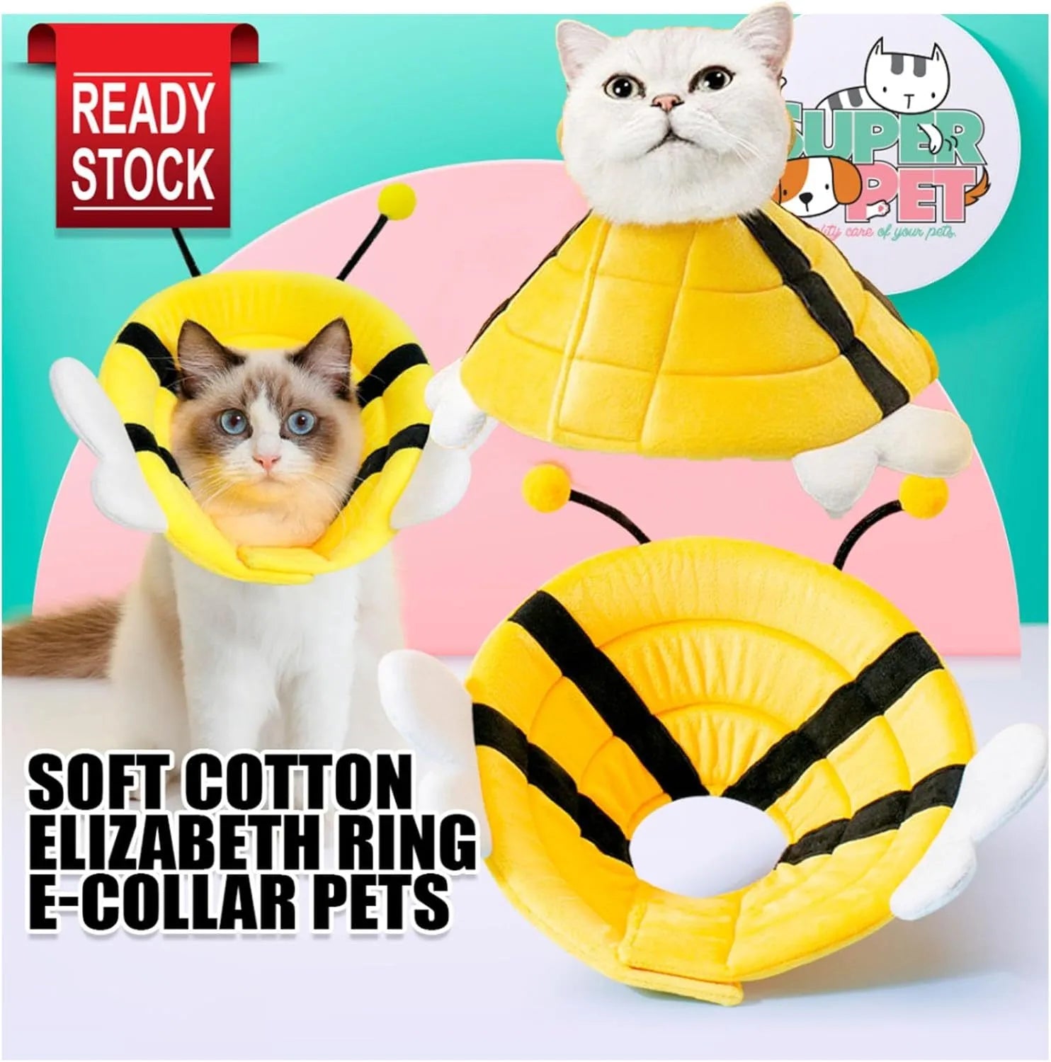 Soft bee design cat cone collar with velcro closure in adjustable sizes