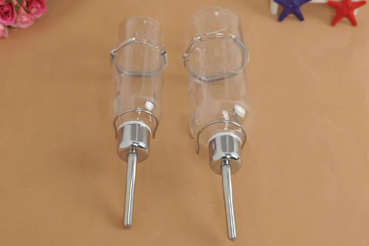 Transparent hanging water feeder bottle for small pets with stainless steel faucet, 180ml and 350ml capacities
