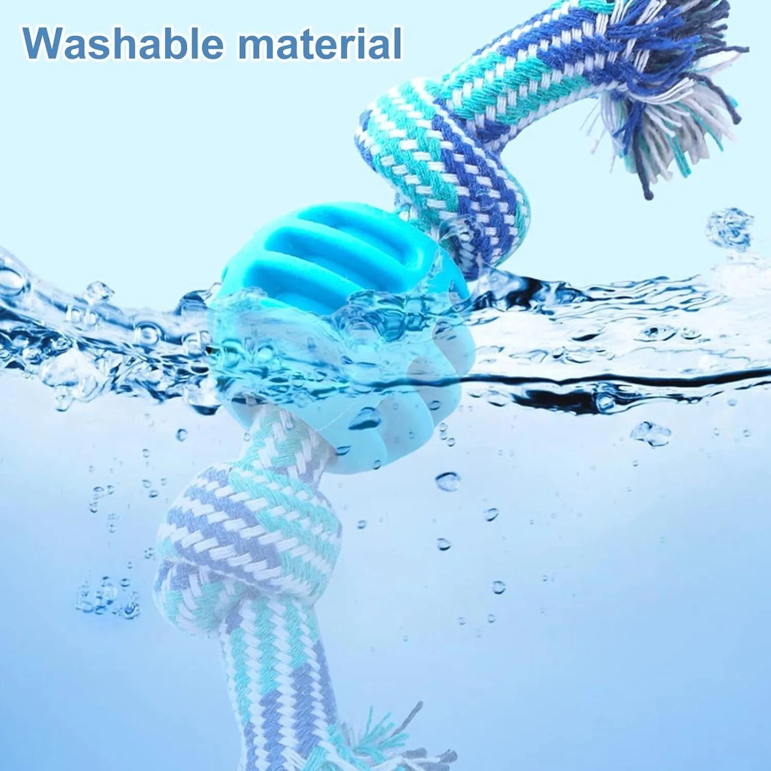 Blue molar-shaped dog chew toy with rope strands for dental cleaning