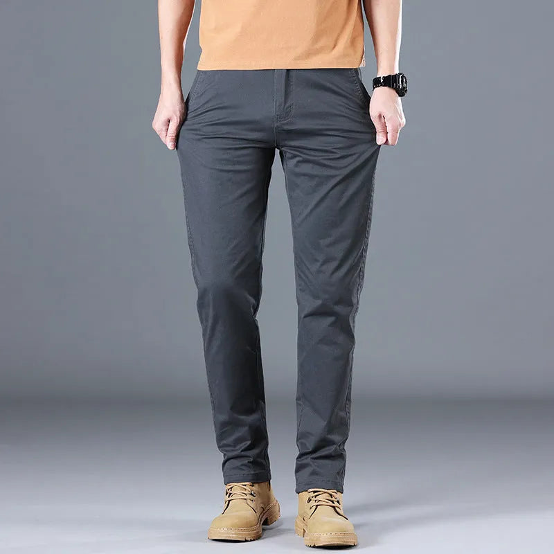 Men's casual pants pure cotton solid colour mid-rise zipper fly Black Gray Khaki