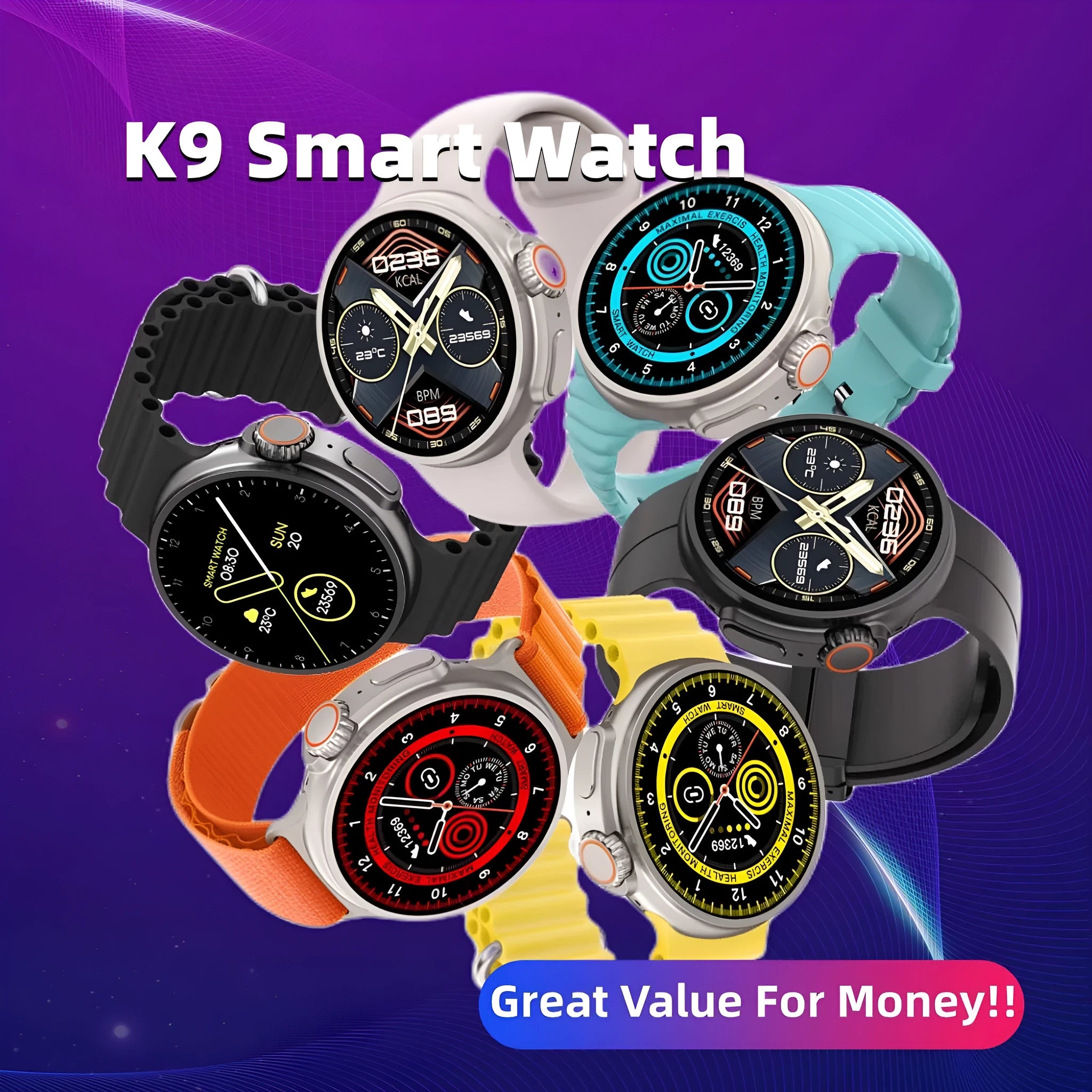 K9 Smart Watch in black on wrist, showing round screen with fitness stats