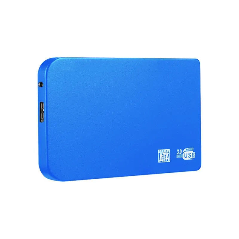 USB 3.0 external solid state drive with metal case in black, blue, red, or silver.