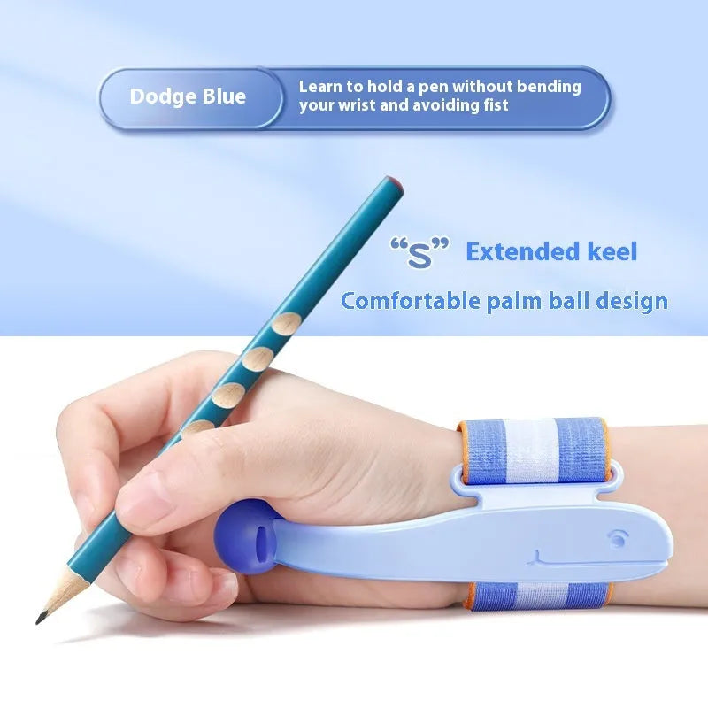 Blue anti-hook wrist brace pen corrector for children's handwriting posture on a desk.