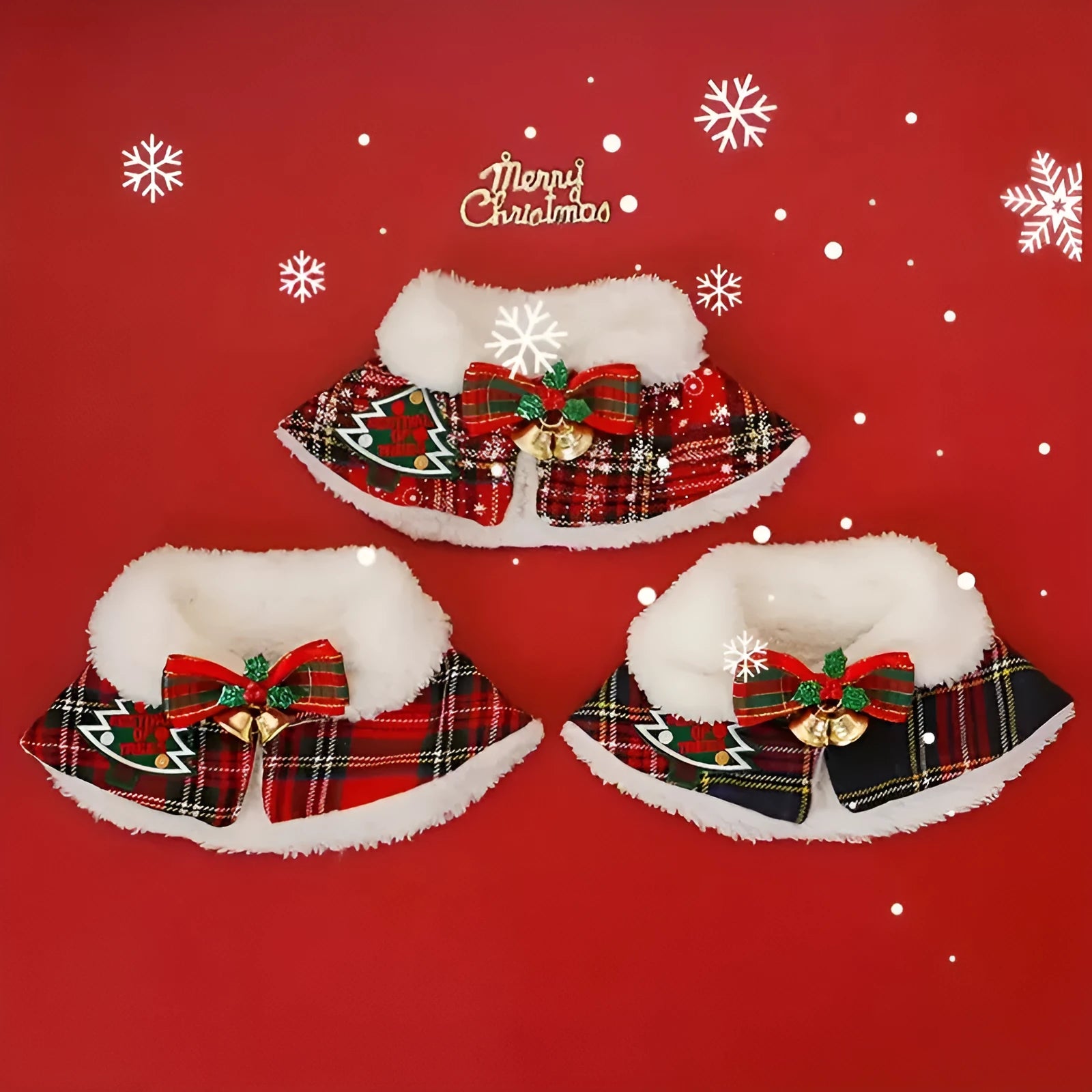Red polyester pet scarf with snowflake bell design tied around a dog's neck for Christmas