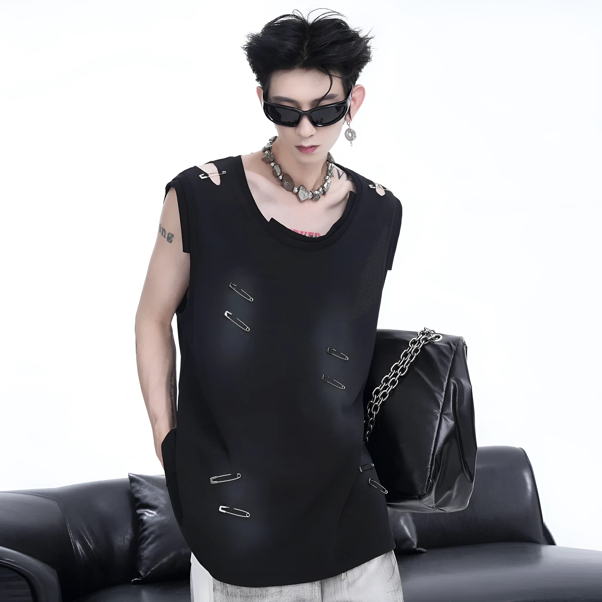 Men's black and white ripped vest with irregular cut sleeveless t-shirt round neck