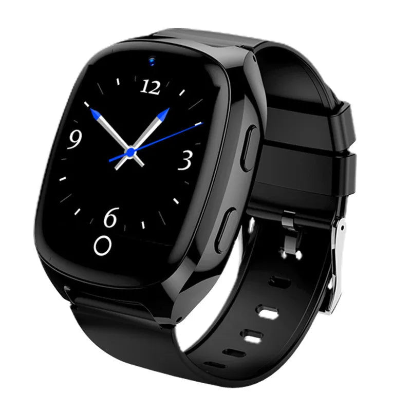 Black GPS smartwatch with touch screen showing location map and SOS button