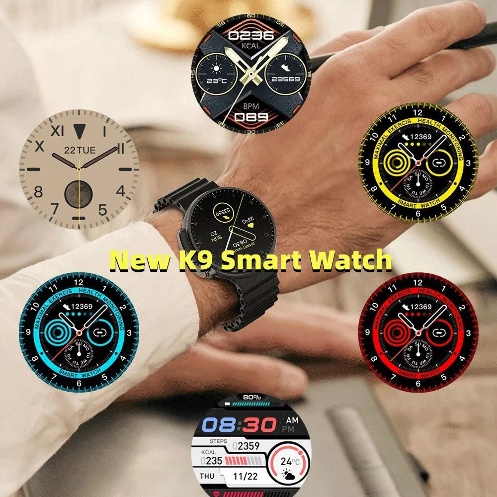 K9 Smart Watch in black on wrist, showing round screen with fitness stats