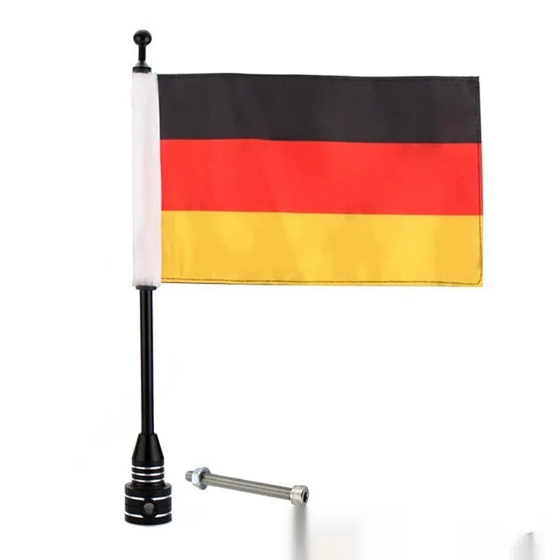 Motorcycle luggage rack flagpole in black and silver options for side box mounting