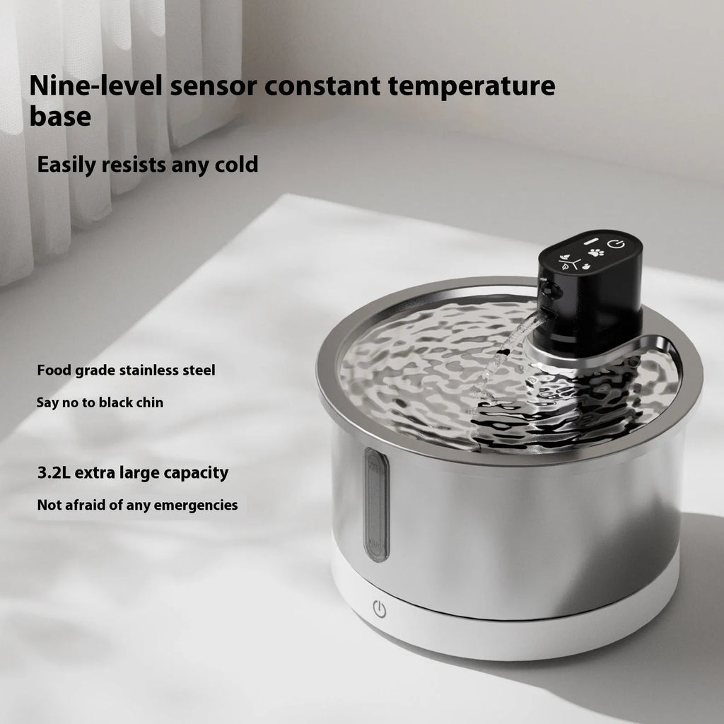 White or black stainless steel pet water fountain with heating base and circulation pump