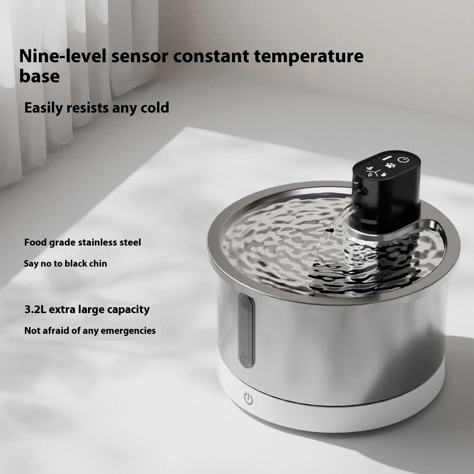 White or black stainless steel pet water fountain with heating base and circulation pump