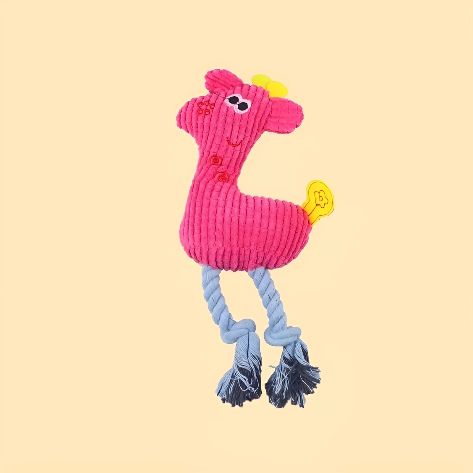 Blue deer shaped plush dog toy with corn grain texture, shown with a dog.