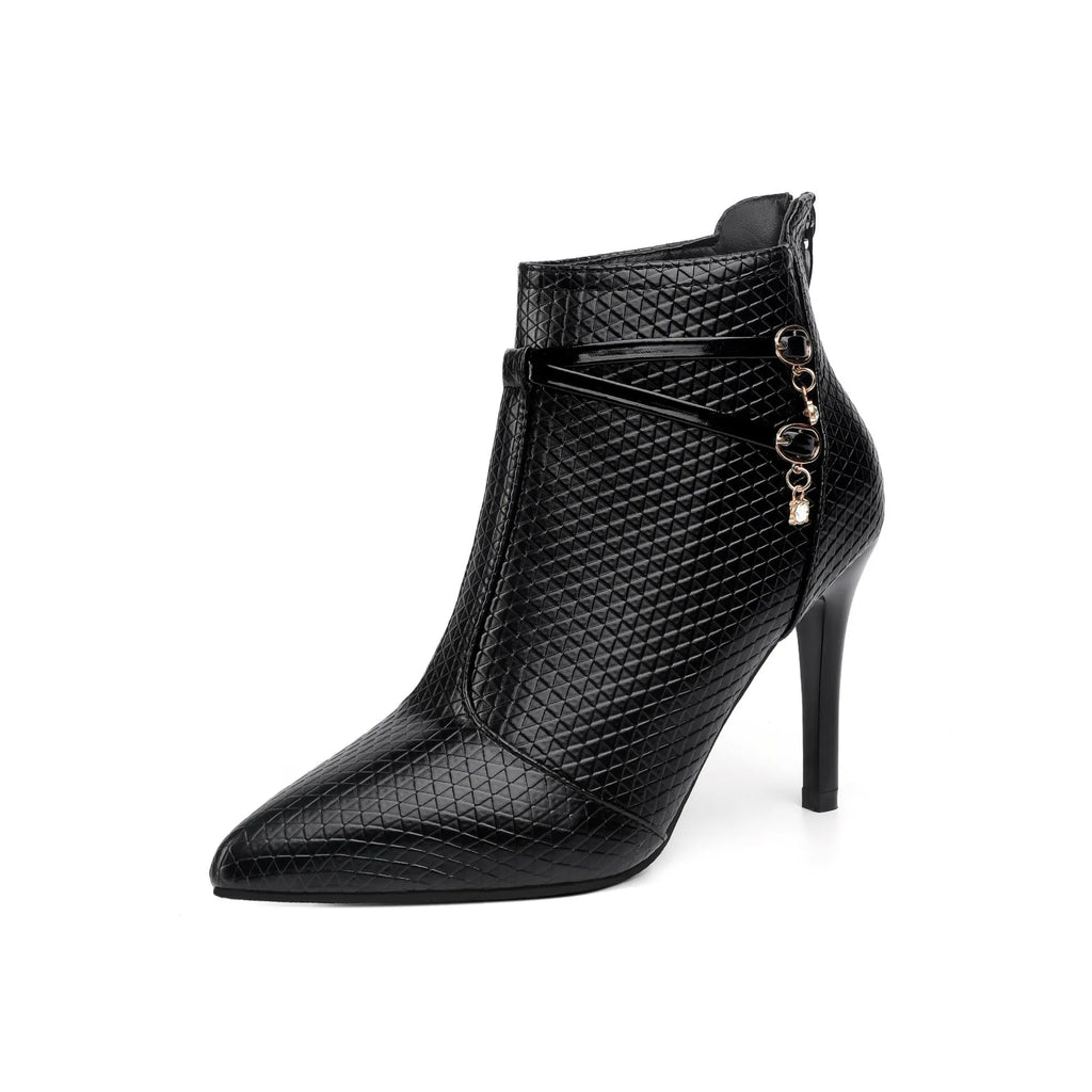 Women's black pointed toe high heel stiletto boots with over 8CM heel in artificial PU