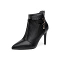 Women's black pointed toe high heel stiletto boots with over 8CM heel in artificial PU