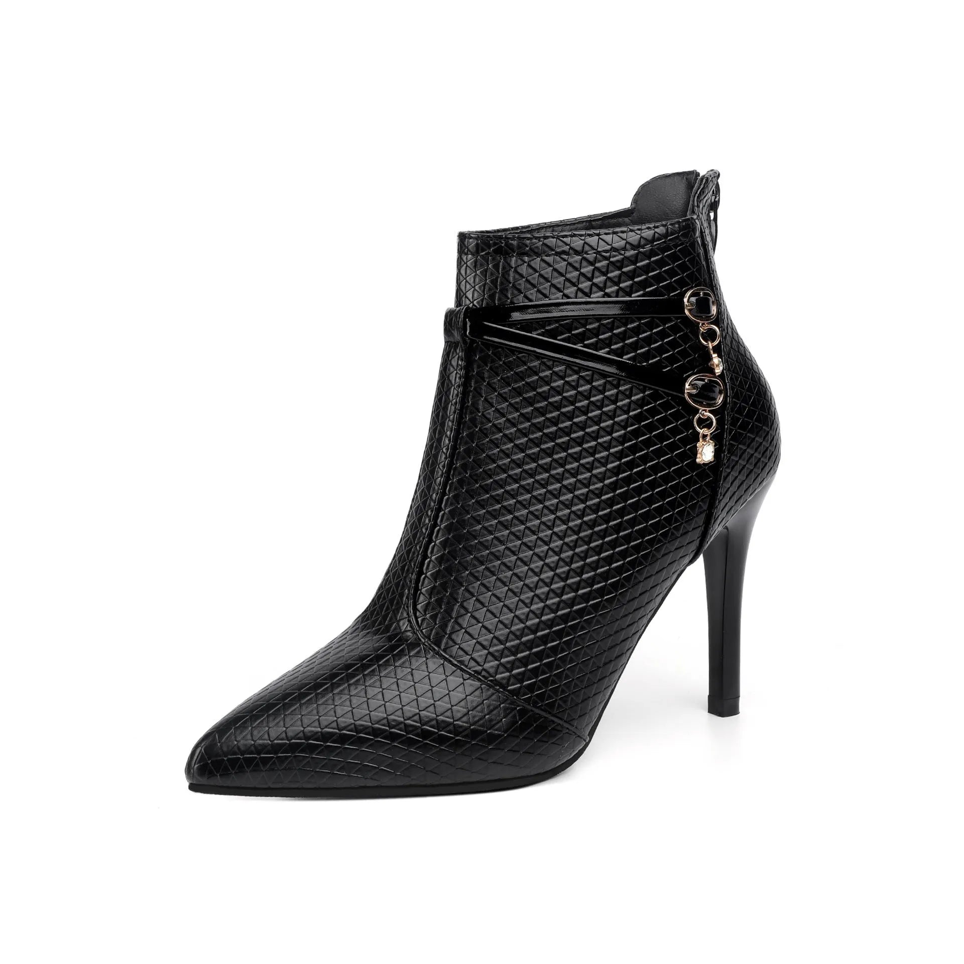 Women's black pointed toe high heel stiletto boots with over 8CM heel in artificial PU