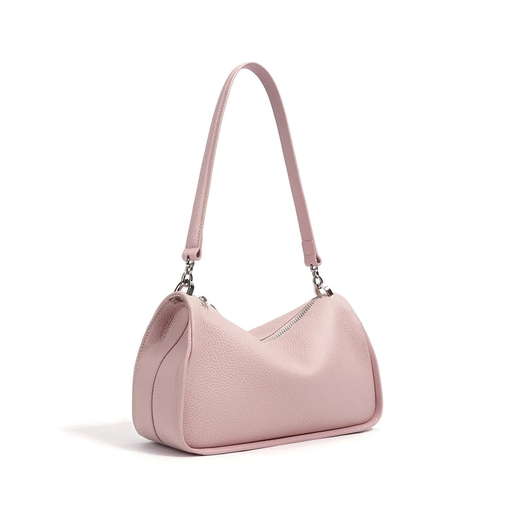 Women's first layer cowhide crossbody bag in pillow shape with double strap 23cm length milkshake white and brown