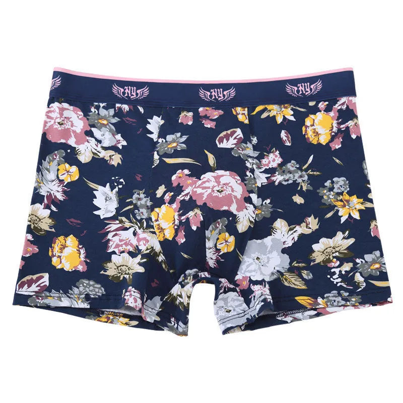 Men's cotton boxer underwear showing U-shaped convex design, mid-rise waistband, and floral pattern options