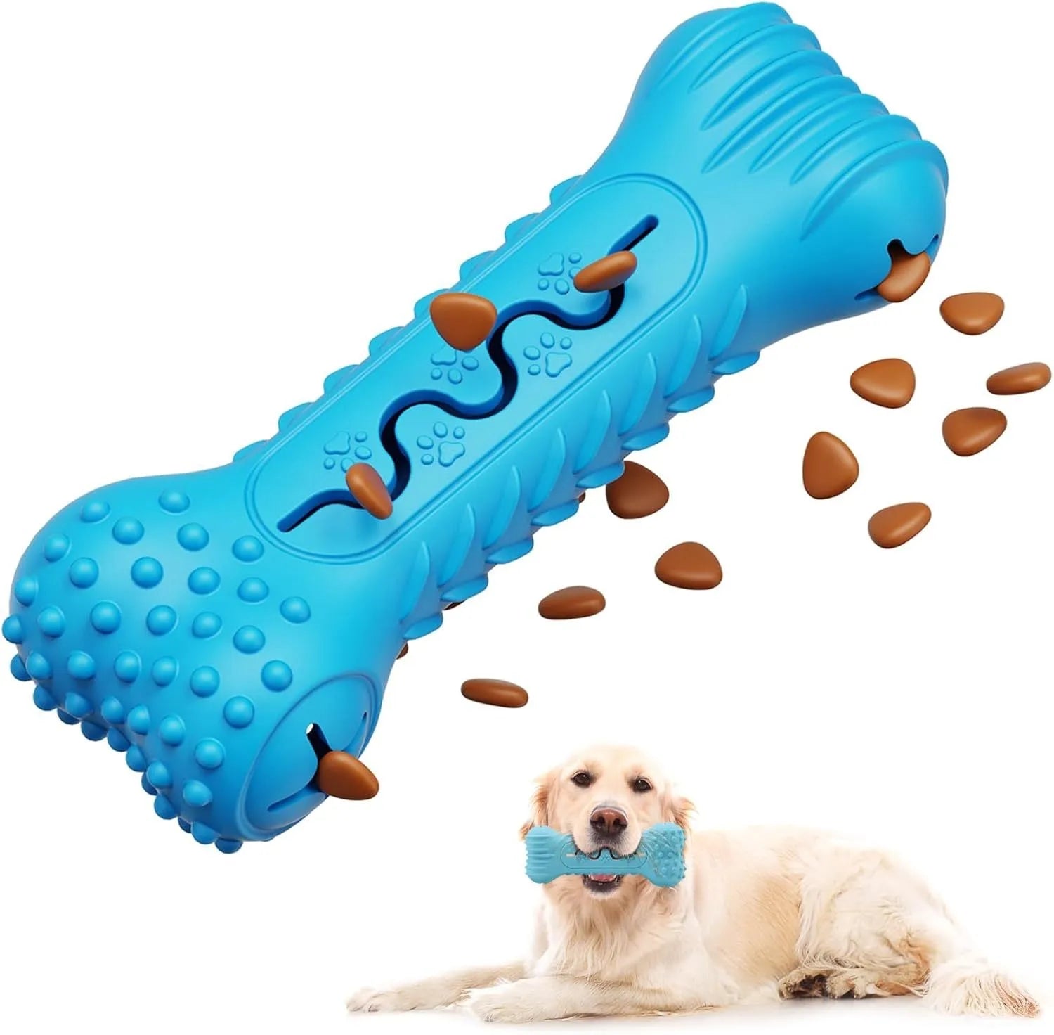Blue, green, and orange natural rubber bone-shaped dog chew toy for aggressive chewers.