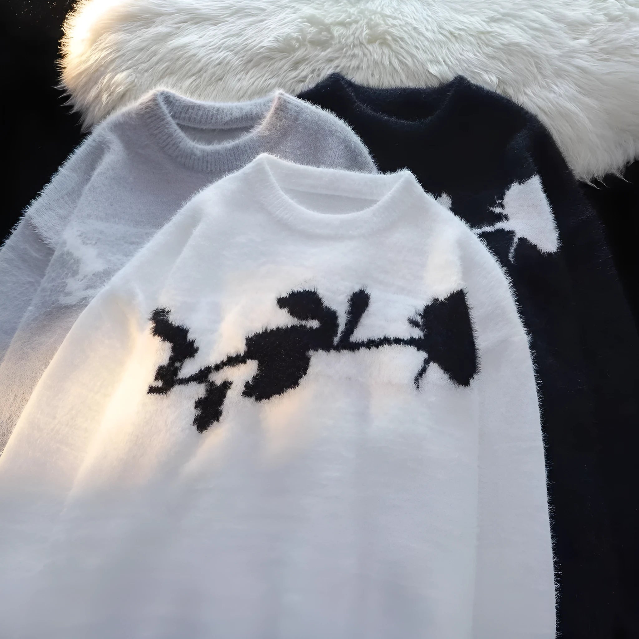 American dark rose flocking horse sweater for men, cotton blend pullover, black colour, front view