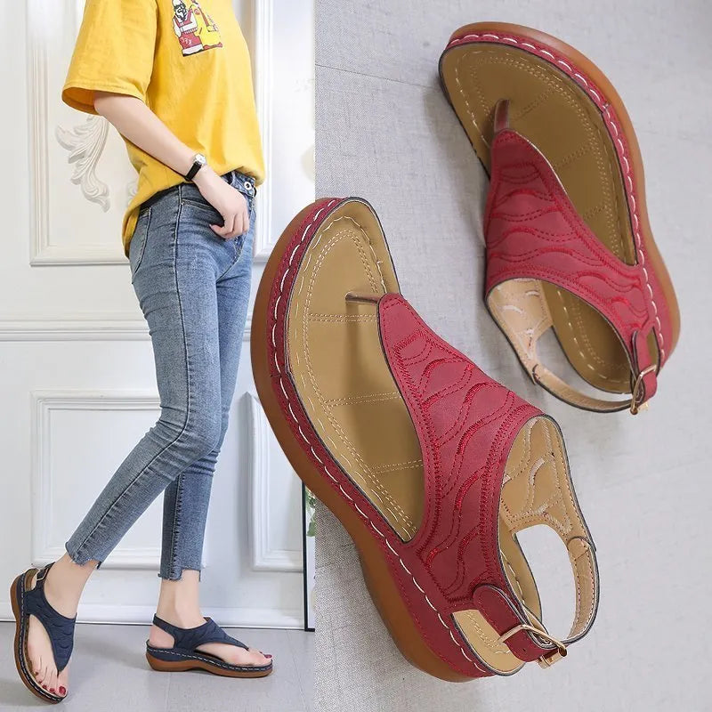 Women's casual wedge heel flip flop sandals with adjustable buckle strap in solid colour