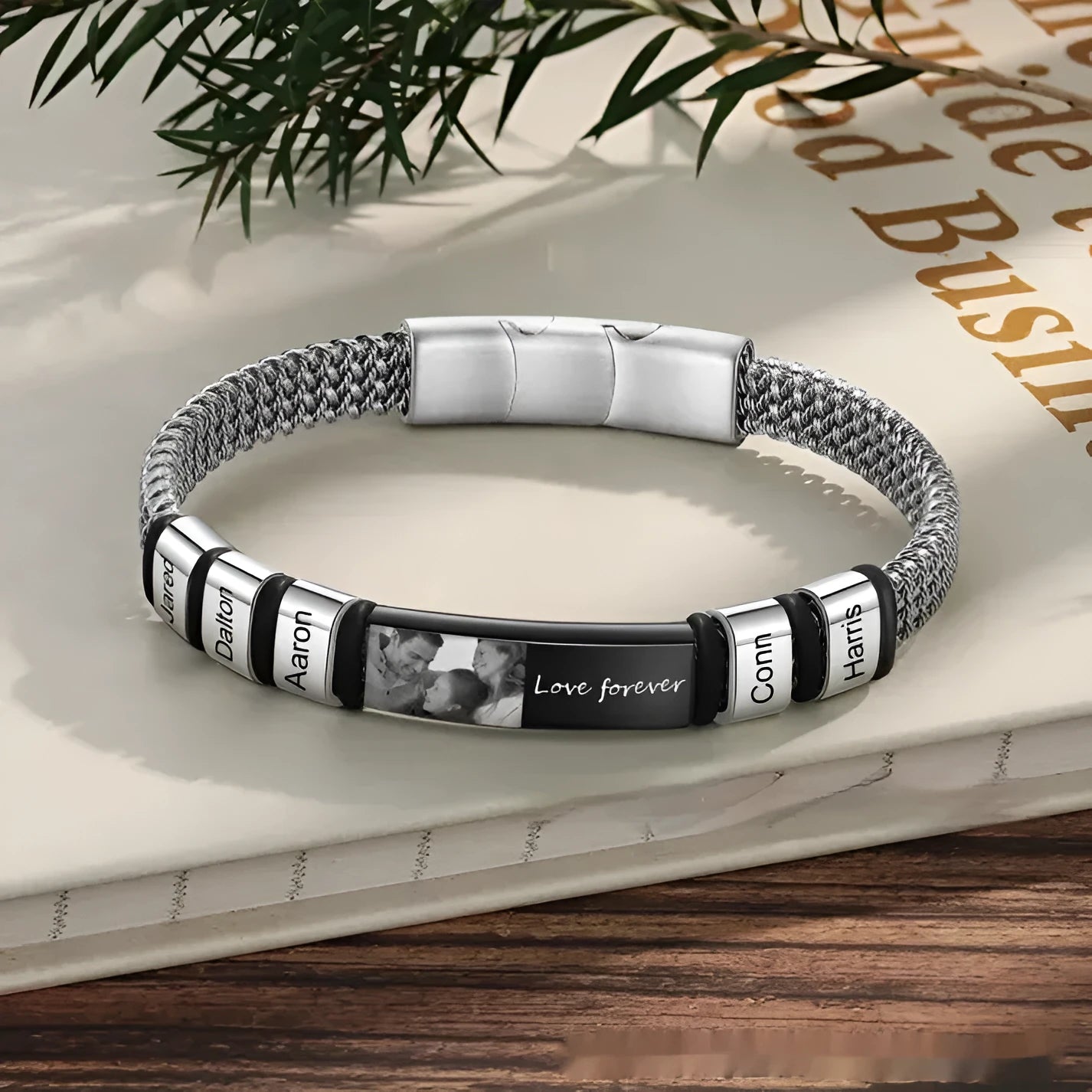 Men's stainless steel and leather bracelet with lettering beads and rope elements