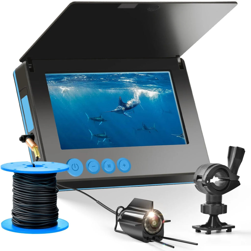 Fish finder unit with 4.3-inch screen connected to an underwater camera on a long cable
