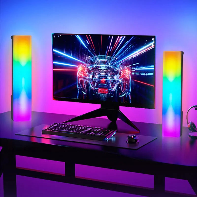 3D RGB tabletop ambiance lamp with voice-activated rhythm lights in black or white shell.