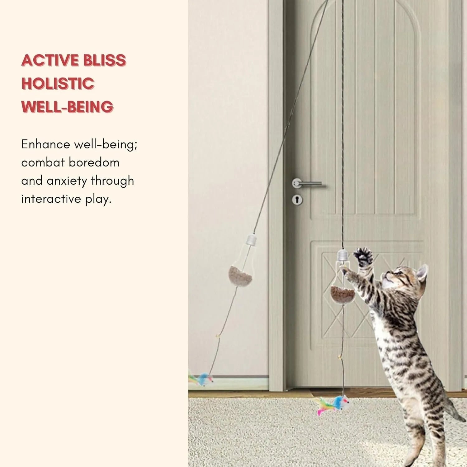 Grey and yellow hanging interactive cat toy mounted on door frame with elastic rope and treat bulb