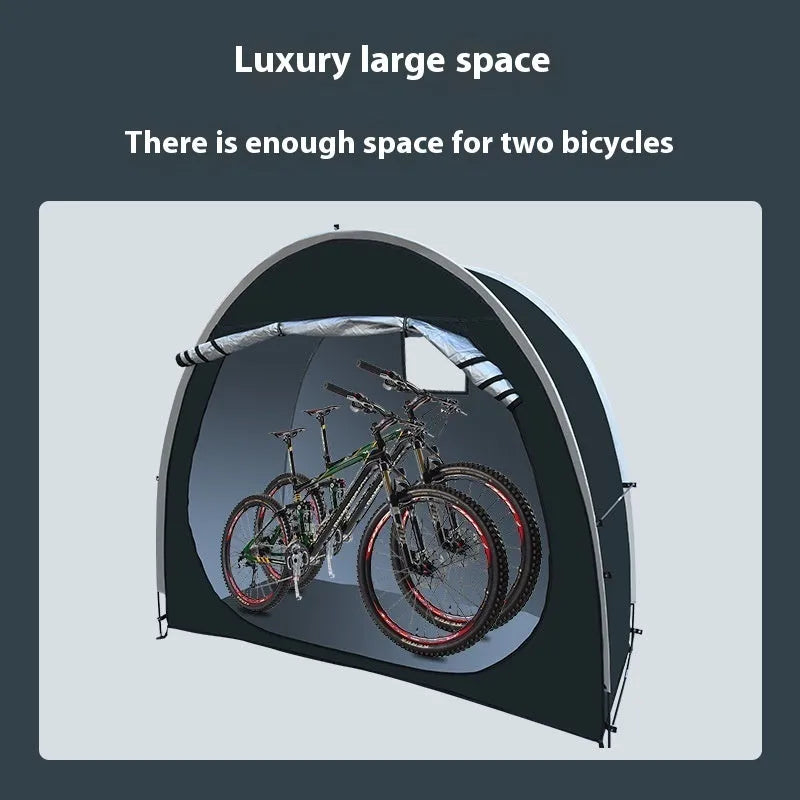 Large black outdoor bicycle storage tent sheltering multiple bikes