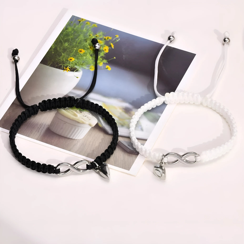 Love heart magnetic couple bracelet set stainless steel hand-woven with cross motif black white