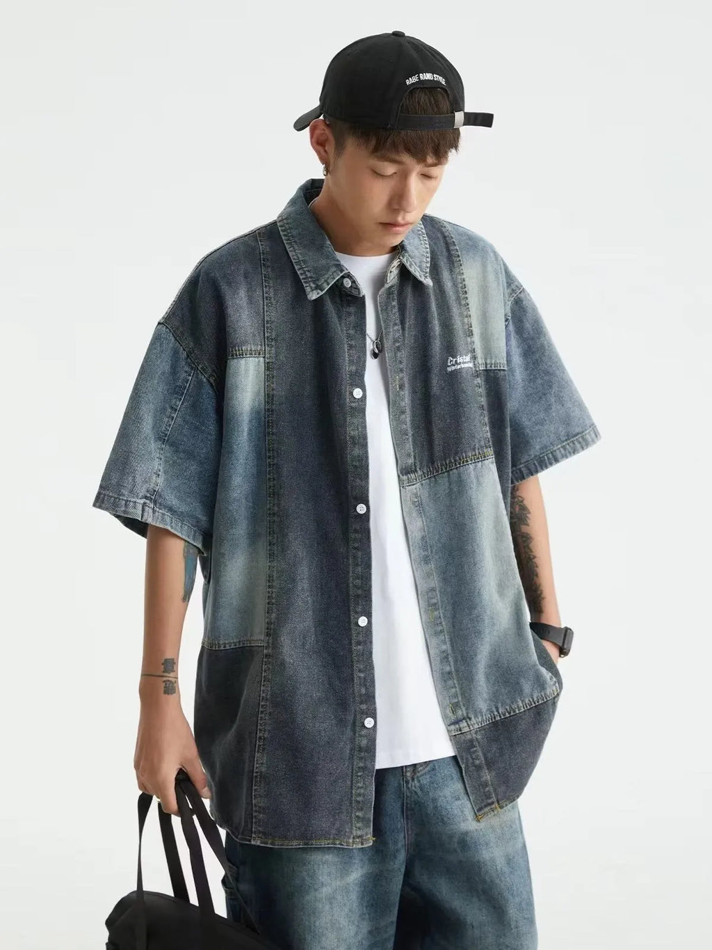 Men's loose cardigan-style denim shirt with retro washed stitching in blue colour
