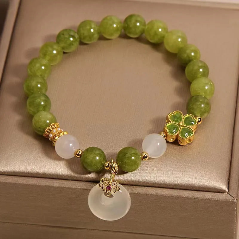 Green tourmaline and four-leaf clover women's bracelet with safety peace buckle
