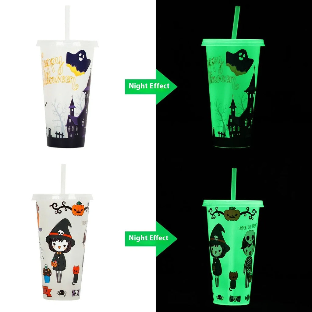 Halloween luminous plastic straw cup with sippy lid, 720ml capacity, in assorted colours.