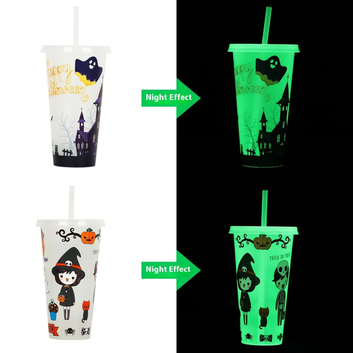Halloween luminous plastic straw cup with sippy lid, 720ml capacity, in assorted colours.