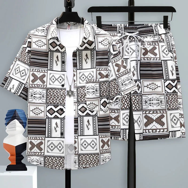 Men's grey casual polyester sports set with short sleeve top and shorts on a hanger.