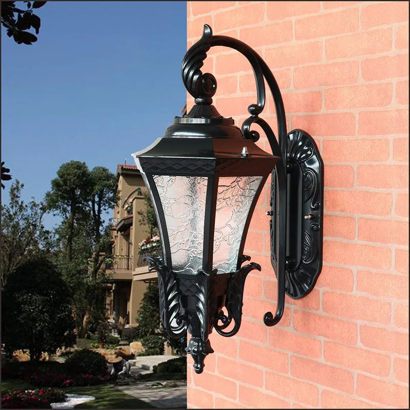 European-style black solar wall lamp with waterproof IP54 rating for outdoor courtyard lighting