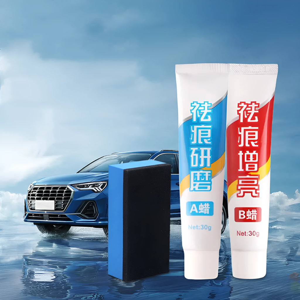 Car repair wax kit with Scratch Removal A Wax, Brightening B Wax, and a frosted sponge mop for paint restoration.