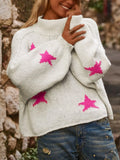 Women's white loose turtleneck pullover with star pattern in imitation velvet fabric