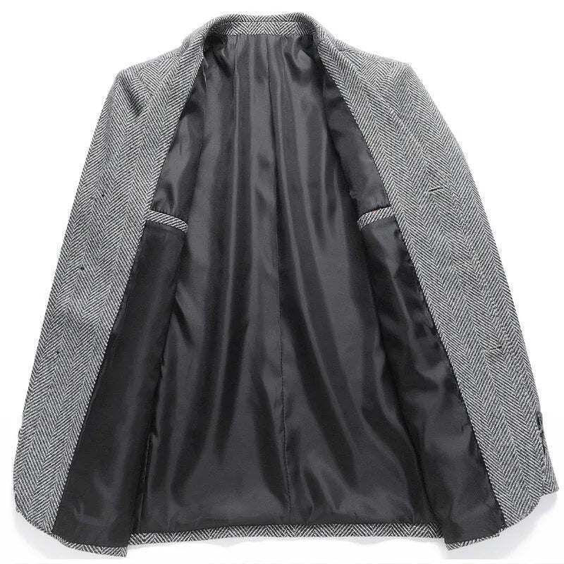 Men's solid colour loose-fit wool coat shown in black, suitable for spring and autumn casual wear
